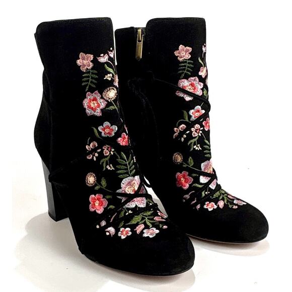Sam Edelman Winnie Boots Black Floral Embroidered Suede Bootie Boot sz 7.5 - Picture 1 of 14
